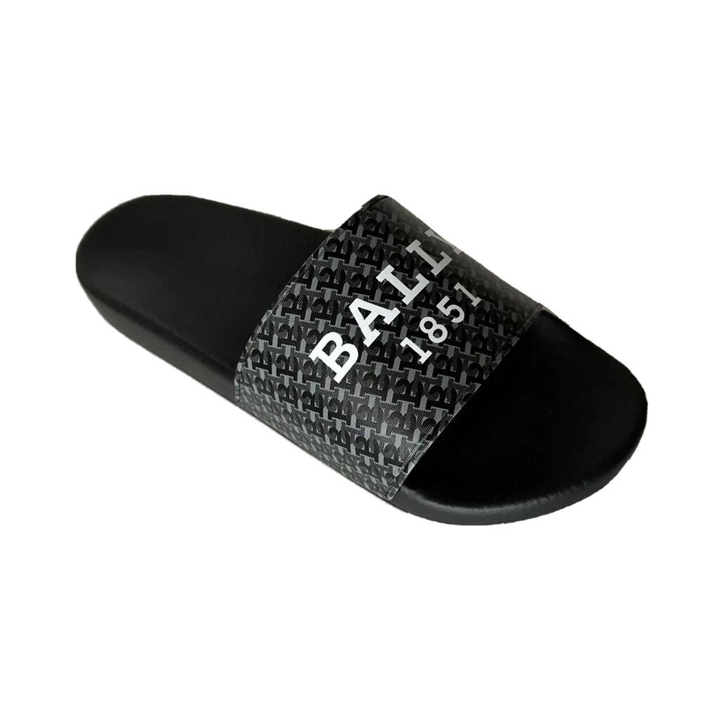 Bally Sabrio Men's Slide Rubber Black Logo Sandals 10 US 6301209 Italy NIB
